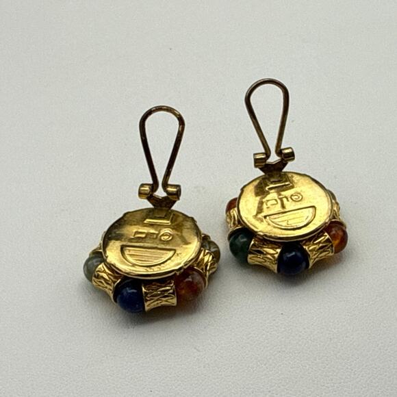 Vintage Liz Claiborne Clip Earrings Jewel Tone Mogul Gold Tone Ornate Disc - Picture 4 of 6